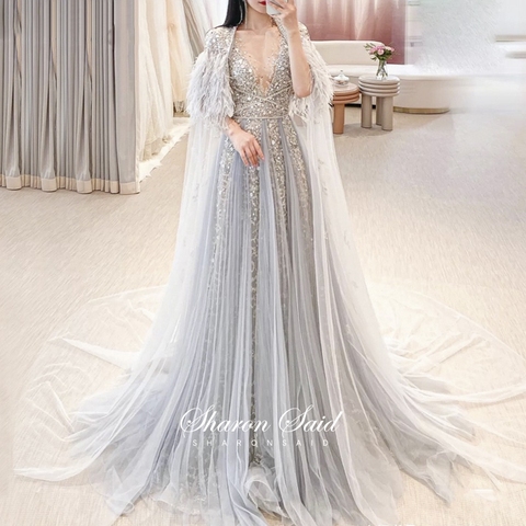 Luxury Dubai Silver Grey Evening Dresses with Feather Cape Shawl Gold Arabic Women Wedding Party Gowns Long Formal Prom Dress ► Photo 1/6
