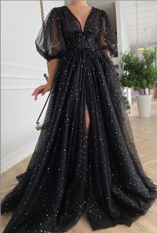 Elegant Sexy Low-cut V-neck Lantern Sleeve Sparkling Mesh Sequined Dress Summer Women Vintage Stars A-line Party Dresses Black ► Photo 1/3