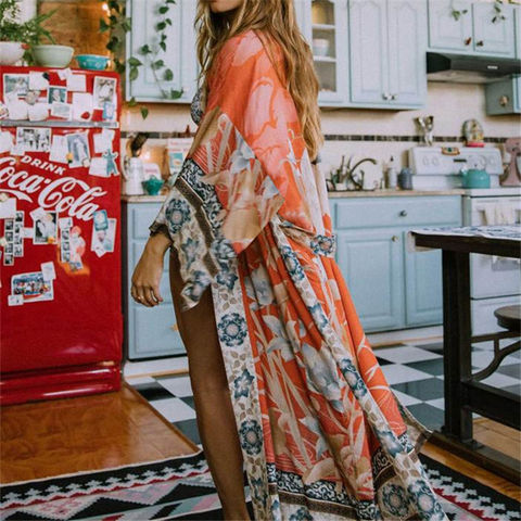 2022 Bohemian Printed Self Belted Loose Summer Beach Tunic Plus Size Beachwear Long Kimono Cardigan Boho Women Tops Blouse N996 ► Photo 1/6