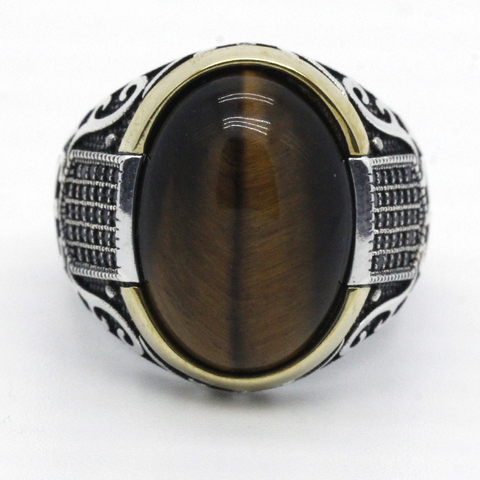 Genuine sterling silver antique Turkish ring with stone tiger eye men's colorful punk rock jewelry ► Photo 1/6