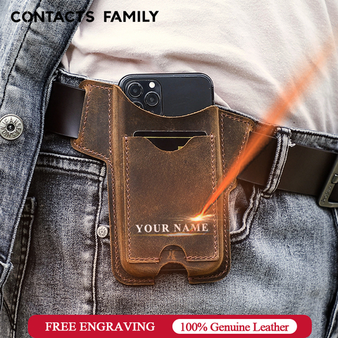 CONTACT'S FAMILY 100% Cow Leather Phone Case for iPhone 12 Men Cellphone Loop Holster Case Belt Waist Bag Purse Phone Wallet ► Photo 1/6