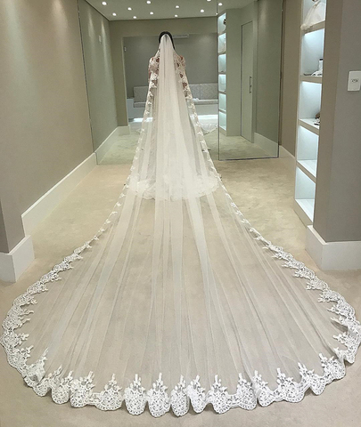 White Ivory 4 Meters Long Full Edge Lace Wedding Veil One Layer Tulle Bridal Veil with Comb Wedding Accessories Veu De Noiva ► Photo 1/5