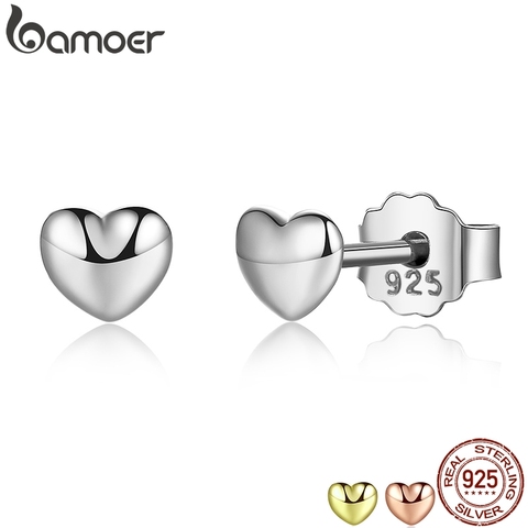 [Coupon $15 OFF $3] BAMOER 100% 925 Sterling Silver Petite Plain Hearts Stud Earrings for Women Silver brincos PAS441 ► Photo 1/6