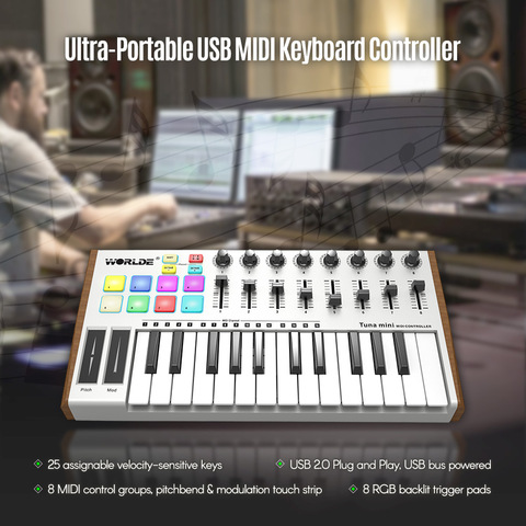 WORLDE TUNA 25-Key midi keyboard midi controller Mini Ultra-PortableUSB Controller 8 RGB Backlit Trigger Pads controlador midi ► Photo 1/6