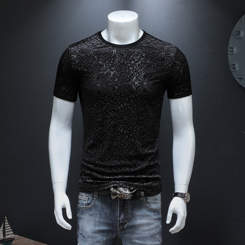 Gold velvet hollow carved flowers fashion slim short-sleeved t-shirt Summer 2022 ice silk soft skin-friendly quality t shirt men ► Photo 1/6