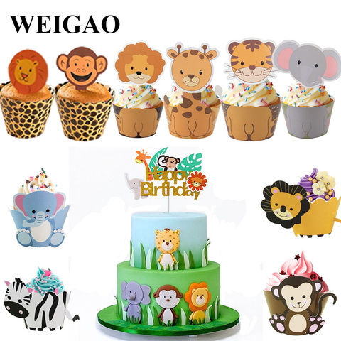 WEIGAO Boy Birthday Cake Decor Zoo Monkey Lion Jungle Party Cake Toppers Safari Birthday Theme Cupcake Wrappers Cake Flags Decor ► Photo 1/6