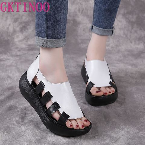 GKTINOO 2022 Summer Genuine Leather Flat Platform Sandals For Women Hollow Out Mixed Colors Breathable Peep Toe Ladies Sandals ► Photo 1/6