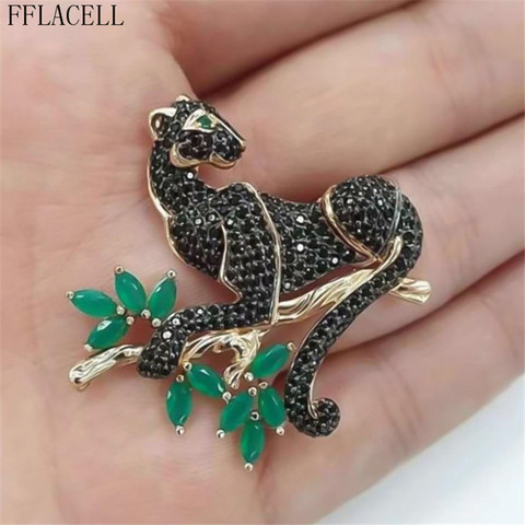 FFLACELL New Fashion Domineering Black Leopard Inlaid Green Leaves Zircon Brooch Women Temperament All-Match Party Jewelry Gift ► Photo 1/6