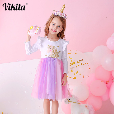 VIKITA Girls Unicorn Dress Children Wedding Party Princess Dress Kids Clothes Long Sleeves Dresses Children Tutu Vestidos ► Photo 1/6