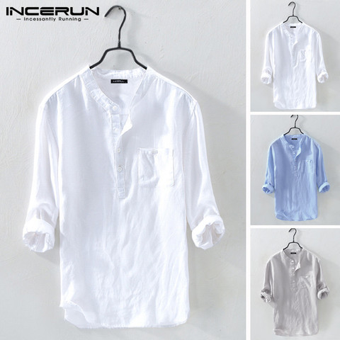 INCERUN Men Shirt Cotton 3/4 Sleeve Stand Collar Harajuku Tops Solid Color Vintage Brand Shirts 2022 Streetwear Camisa Masculina ► Photo 1/6