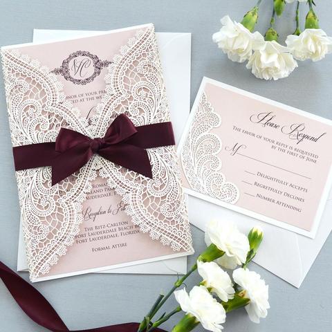 50pc Lace Wedding Invitations with Burgundy Ribbon Cream Laser Cut Quinceanera Card  Custom Printing Bridal Shower Invites ► Photo 1/6