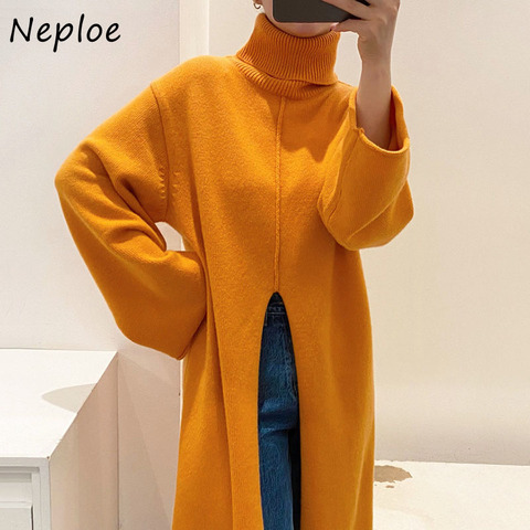 Neploe Loose Design Split Mid-length Knitted Dress Korean Chic Turtleneck Warm Pullovers Solid Color All-match Sweaters Women ► Photo 1/6