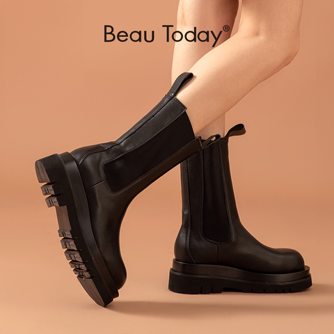 BeauToday Chelsea Boots Women Genuine Cow Leather Platform Round Toe Mid-Calf Length Autumn Ladies Shoes Handmade 02366 ► Photo 1/6