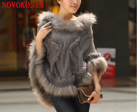 SC358 2022 Autumn Winter Fashion Raccoon Fur Sweater Patchwork Knitted Pullover Female Loose Poncho Black Thick Coat With Hat ► Photo 1/6