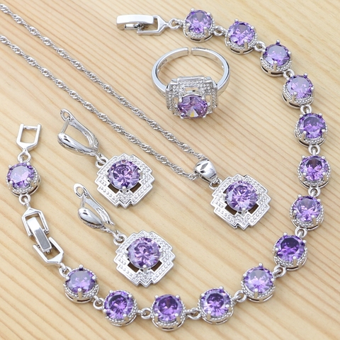 925 Sterling Silver Jewelry Set Round Amethyst Earrings Adjustable Ring Pendant Necklace Bracelet for Women ► Photo 1/1