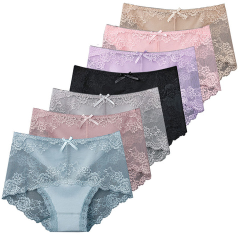 7Pcs Cotton Women's underwear lace transparent panties comfortable antibacterial plus size pants female sexy lingerie ► Photo 1/6