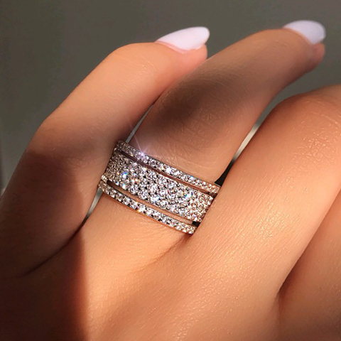 Elegant Silver Color Rhinestone Crystal Ring Wide Love Rings For Women Wedding Engagement Full Zircon Finger Rings Jewelry Gifts ► Photo 1/6