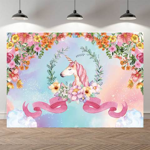 NeoBack Spring Floral Unicorn Ribbon Sky Cloud Photo Backdrop Birthday Photography Background for Children Party Decorations ► Photo 1/1