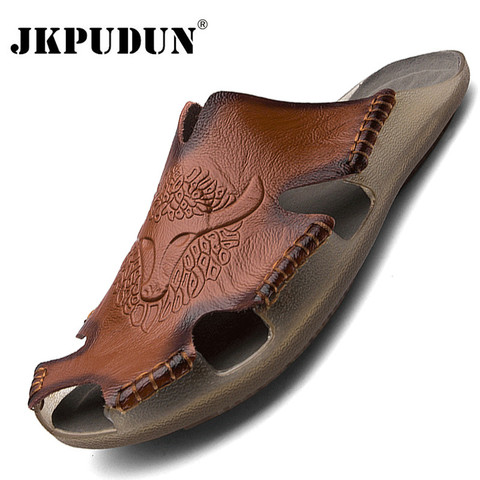 Summer Genuine Leather Men's Sandals Classic Breathable Slip-On Sandals Men Casual Beach Shoes Outdoor Slippers Plus Size 38-48 ► Photo 1/6
