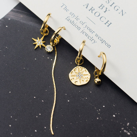 925 Sterling Silver Star Tassel Asymmetric Hoop Earrings for Women Round Disc Gold Earrings CZ Wedding Jewelry S-E1344 ► Photo 1/6