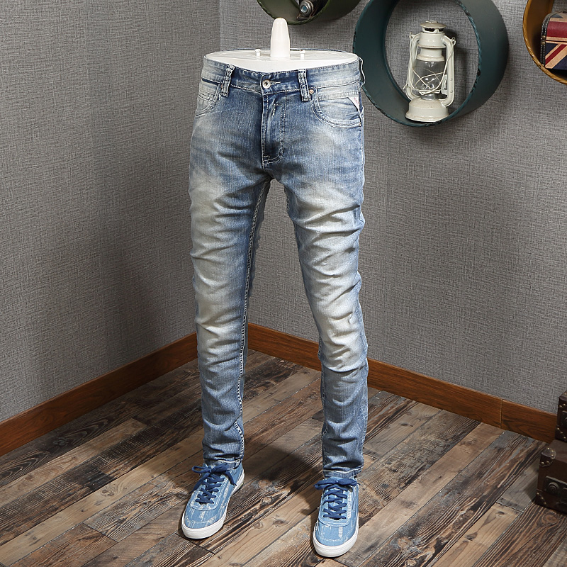 Buy Online Italian Style Fashion Men Jeans Light Blue White Wash Slim Fit Classical Vintage Jeans Summer Simple Designer Jeans Men Pants Alitools