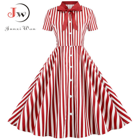 Summer Dress 2022 Women Elegant Vintage Short Sleeve Striped Print Bow Swing Party Office Pin up Dresses Casual Midi Plus Size ► Photo 1/6