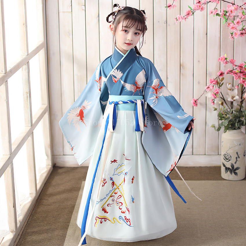 Traditional Chinese Costume Kids Hanfu Dress Crane Printed Fairy ...