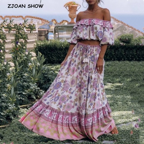 2022 Bohemia Ruffle Elastic Slash neck Floral Print Pullover Shirt Women Elastic Waist Maxi Long Skirt Pink Holiday 2 Pieces Set ► Photo 1/6