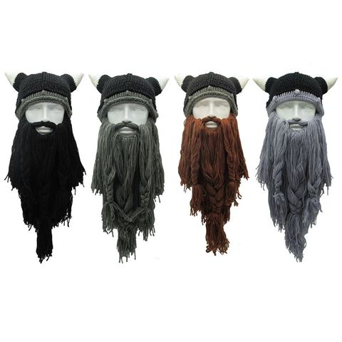 Funny Crazy Halloween Cosplay Men Knit Viking Beard Horn Hat Ski Mask Cap Barbarian Vagabond Cool Beanie Winter Warm Unisex Hat ► Photo 1/6