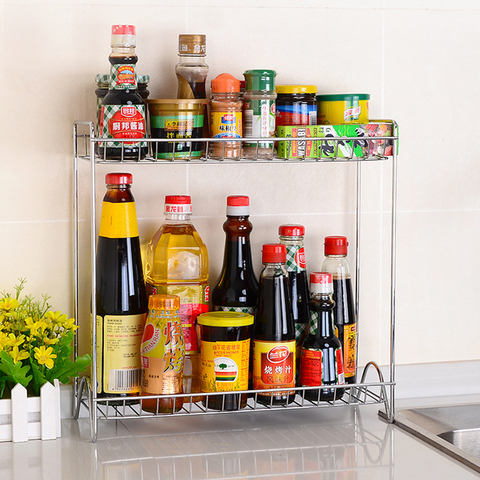 Kitchen Organizer Spice Jar Shelf Organizer 2 Tier Stainless Steel Spice Bottle Rack Holder Storage Kitchen Countertop Shelves ► Photo 1/6