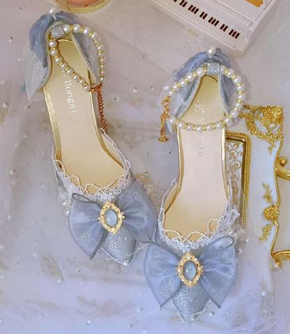 Princess kawaii shoes round head high heel Kawaii girl sweet lolita shoes pearl lace bowknot women shoes loli cosplay cos ► Photo 1/6