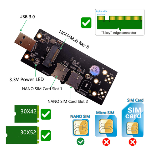 NGFF M.2 to USB 3.0 Adapter Expansion Card with Dual NANO SIM Card Slot for WLAN/LTE 3G/4G/5G Module Support M.2 key B 3042/3052 ► Photo 1/6