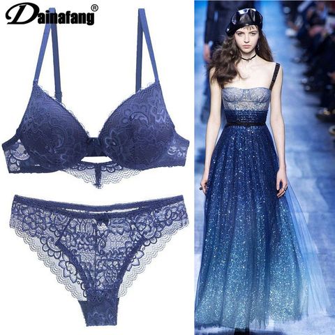 [Hot sales] New 2022 Lace Drill Bra Set Women Plus Size Push Up Underwear Set Bra And Thong Set 34 36 38 40 42BCD Cup For Female ► Photo 1/6