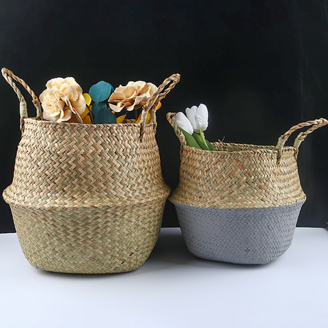 Handmade Bamboo Storage Baskets Foldable Laundry Straw Patchwork Wicker Rattan Seagrass Belly Garden Flower Pot Planter Basket ► Photo 1/6