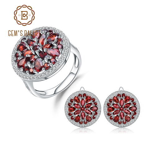 GEM'S BALLET 11.65Ct Natural Red Garnet Gemstone Earrings Ring Set 925 Sterling Silver Round Jewelry Set For Women Wedding ► Photo 1/6