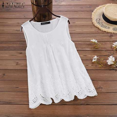 Women Tanks Tops ZANZEA Summer Sleeveless Cotton Linen Blouse Hollow Out Shirt Vintage Embroidery Tops Female Solid Blusas 5XL ► Photo 1/6