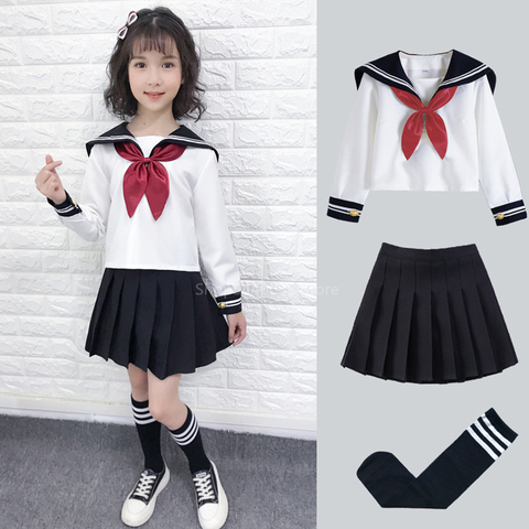 Kid JK Sailor Dress 4PCS Girl Japanese Korean Orthodox School Uniform Pleated Skirt Navy Long Short Sleeve Kawaii Suit Anime COS ► Photo 1/6