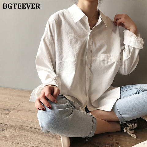 2022 Autumn New Women Loose Solid Cotton White Long Shirt Turn Down Collar  Button Up Blouse