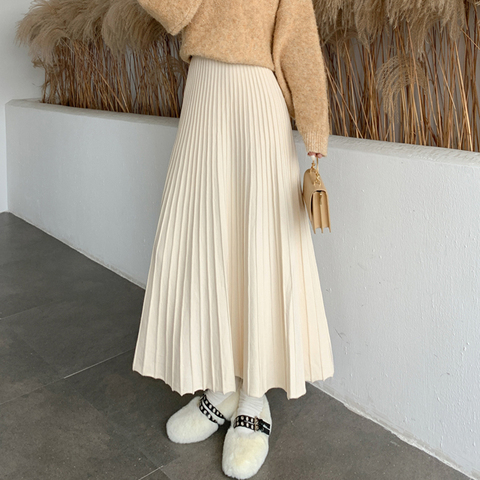 Winter Thickened Rib Knitted Large Swing Maxi Long Skirts Elegant Solid A-line Pleated Ankle Length Knit Skirts Coffree Beige ► Photo 1/6