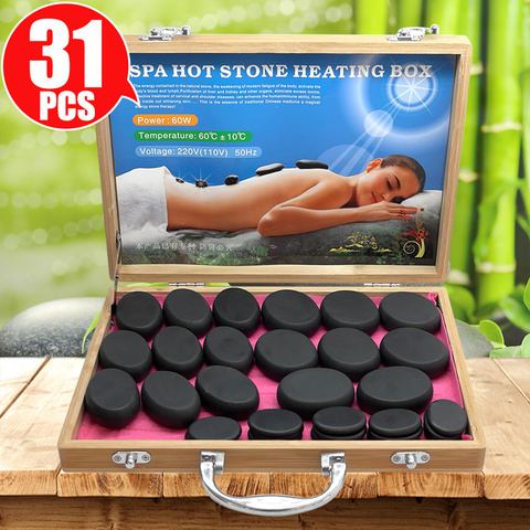 Tontin 31pcs/set hot stone massage set tool basalt massage stones 220V/110V bamboo heater box CE ROHS Round stone massager ► Photo 1/6