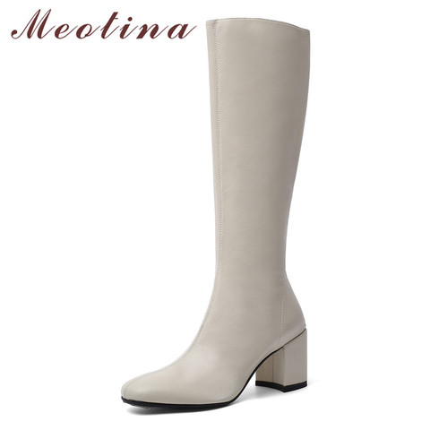 Meotina Winter Knee High Boots Women Natural Genuine Leather Thick High Heel Long Boots Zip Round Toe Shoes Ladies Fall Size 39 ► Photo 1/6