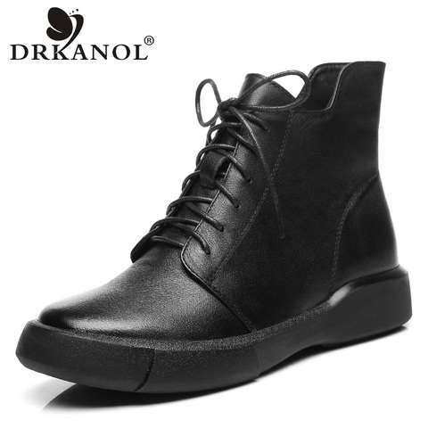 DRKANOL Fashion Women Genuine Leather Boots Autumn Winter Warm Shoes Women Flat Ankle Boots Non-slip Rubber Short Boots Black ► Photo 1/6