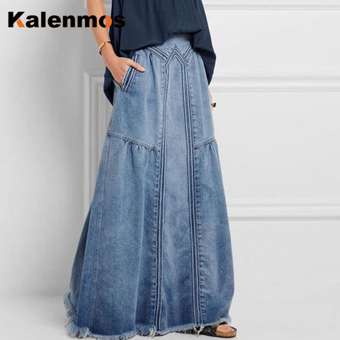 KALENMOS Denim Jeans Women Long Skirt Stretch Vintage Loose Slim Fit Blue Club Streetwear Cotton Sexy Harajuku Skirts Plus Size ► Photo 1/6