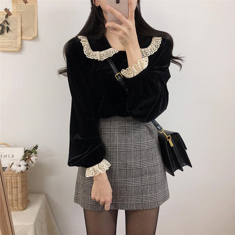 Alien Kitty Black High Quality Velvet High-Ranking  Lace 2022 Hot Sale Fashion Office Lady Plus Size Full-Sleeved Blouses ► Photo 1/6