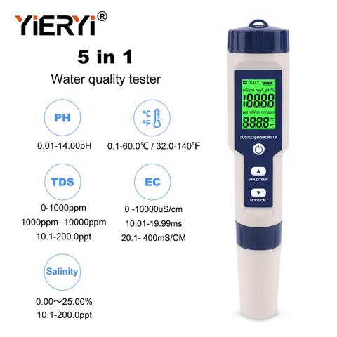 yieryi 5 in 1 TDS/EC/PH/Salinity/Temperature Meter Digital Water Quality Monitor Tester for Pools, Drinking Water, Aquariums ► Photo 1/6