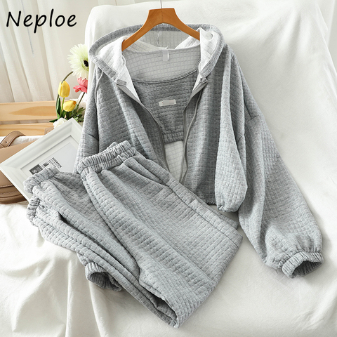 Neploe 3 Piece Set Solid Color Zip Hooded Drawstring Sweatshirts + Sexy Camis + Stretch Waist Casual Pants 2022 Fashion Suit ► Photo 1/6