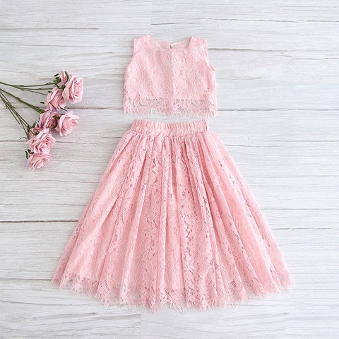 2022 Spring Summer Set Clothing for Girls Half Sleeve Lace Top+Champagne Pink Long Skirt Kids Clothes 2-11T E17121 ► Photo 1/6