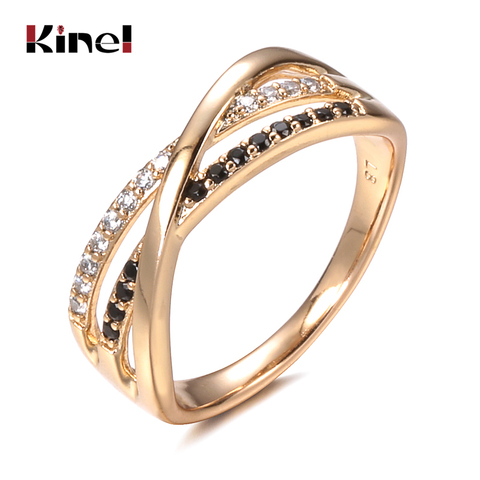 Kinel Natural Black Zircon Cross Ring 585 Rose Gold Geometric Hollow Line Wedding Rings for Women Vintage Fashion Jewelry ► Photo 1/6