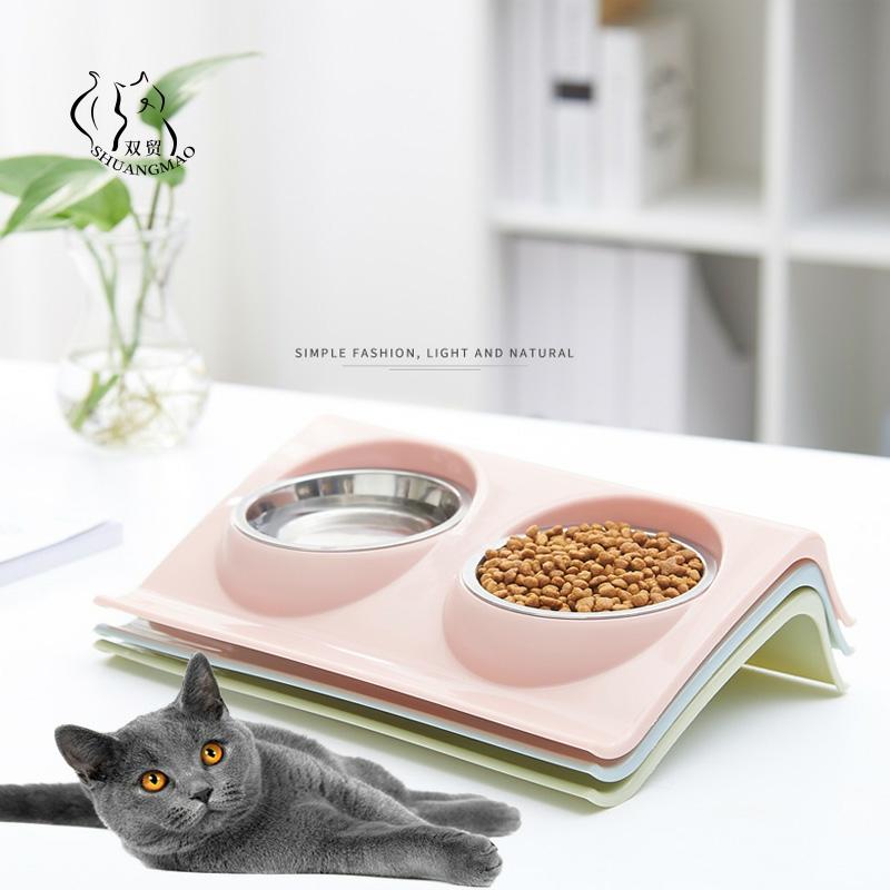 Pet Double Bowls Food Water Feeder Stainless Steel Cat Food Bowl for Dog Puppy Cats Pets Supplies Feeding Dishes S/M ► Photo 1/6