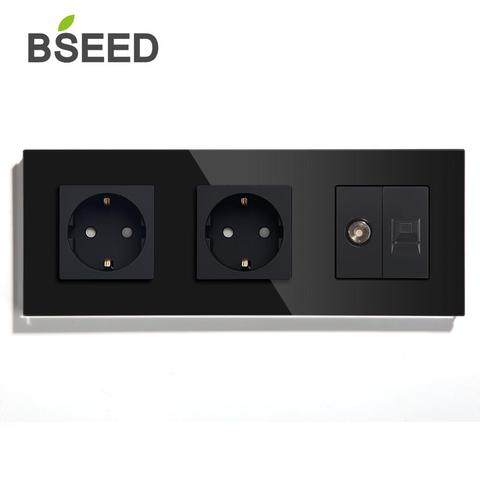 BSEED Double Triple Wall Socket EU Standard Wall Socket TV PC With Crystal Glass Panel White Black EU Standard ► Photo 1/2